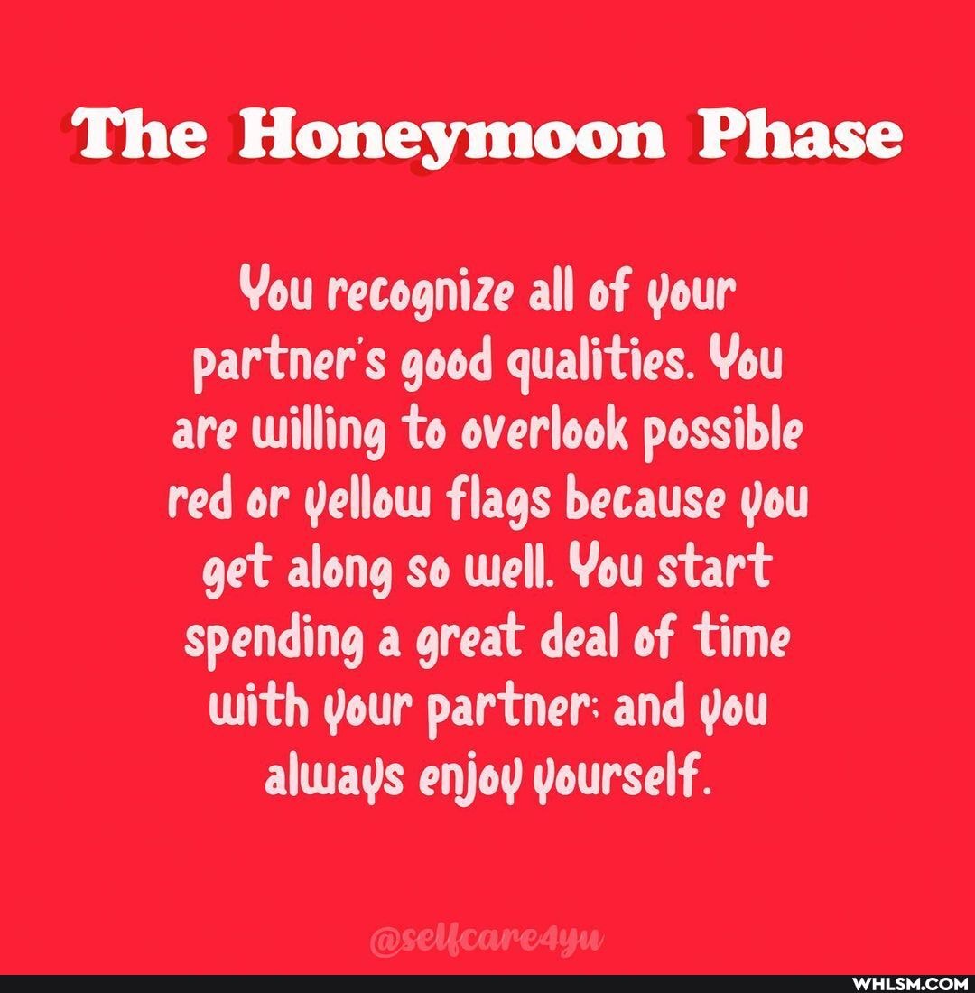 The Honeymoon Phase
You recognize all of your partner's good qualities. You are willing to overlook possible red or yellow flags because you get along so well. You start spending a great deal of time with your partner: and you always enjoy yourself.