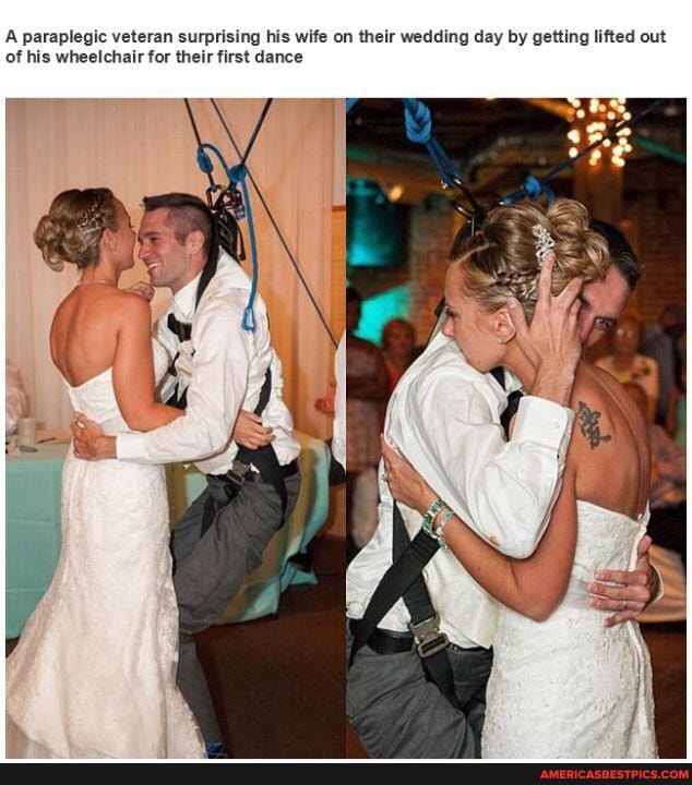 A paraplegic veteran surprising his wife on their wedding day by getting lifted out of his wheelchair for their first dance