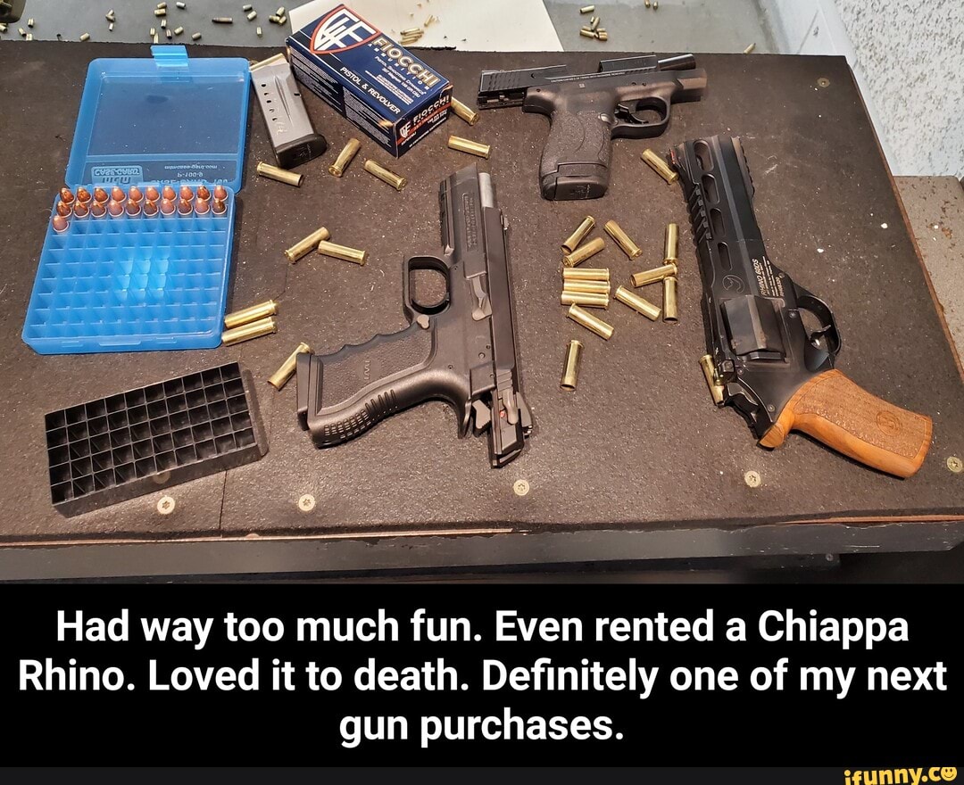 Had way too much fun. Even rented a Chiappa
Rhino. Loved it to death. Definitely one of my next
gun purchases. - Had way too much fun. Even rented a Chiappa Rhino. Loved it to death. Definitely one of my next gun purchases.
