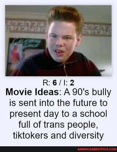 Movie Ideas: A 90's bully is sent into the future to present day to a school full of trans people, tiktokers and diversity