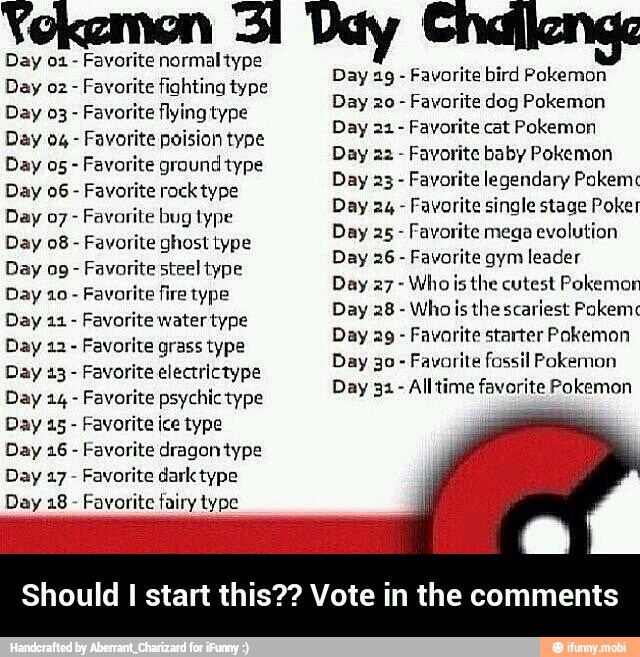 Favorite normal type
Favorite fighting type
Favorite flying type
Favorite poision type
Favorite ground type
Favorite rock type
Favorite bug type
Day 08
Favorite ghost type
Favorite steel type
Favorite fire type
Favorite water type
Favorite grass type
Favorite electrictype
Favorite psychictype
Favorite ice type
Day 26
Favorite dragon type
Favorite dark type
Day 18
Favorite fairy type
Favorite bird Pokemon
Favorite dog Pokemon
Favorite cat Pokemon
Favorite baby Pokemon
Favorite legendary Pokem:
Favorite single stage Poker
Favorite mega evolution
Day 26
Favorite gym leader
Day 27- Whois the cutest Pokemon
Day 28
Whois the scariest Pakem<
Favorite starter Pokemon
Day 30
Favorite fossil Pokemon
All time favorite Pokemon - Should I start this?? Vote in the comments