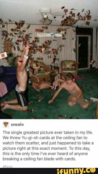 Y snealiv
The single greatest picture ever taken in my life.
We threw Yu-gi-oh cards at the ceiling fan to
and just happened to take a
moment. To this day,