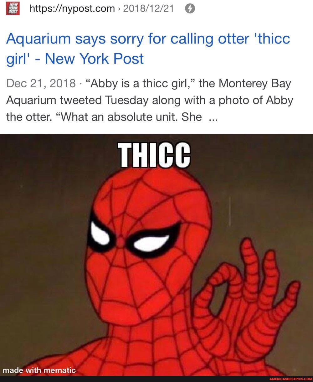 Aquarium says sorry for calling otter 'thicc girl' - New York Post
Dec 21, 2018 - "Abby is a thicc girl," the Monterey Bay
Aquarium tweeted Tuesday along with a photo of Abby the otter. "What an absolute unit. She
