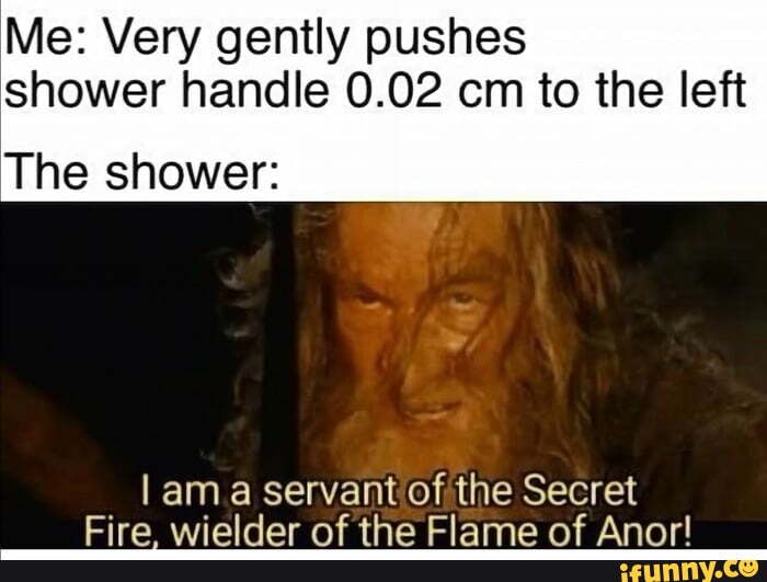 Me: Very gently pushes shower handle 0.02 cm to the left
The shower:
ama servant of the Secret
Fire, wielder of the Flame of Anor!