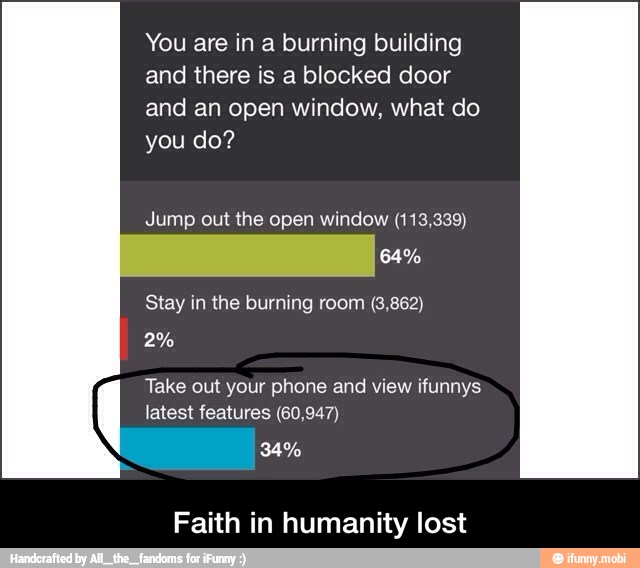You are in a burning building
and there is a blocked door
and an open window, what do
you do?
Jump out the open window (113,339)
Take out your phone and view ifunnys
latest features (60,947)
Faith in humanity lost - Faith in humanity lost