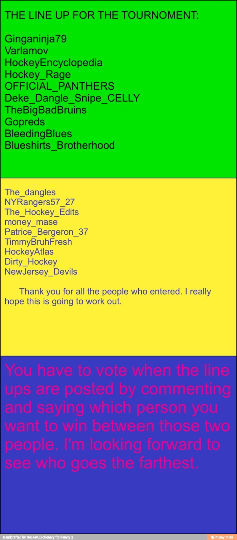 The_dangles
The_Hockey_Edits
money_mase
Patrice_Bergeron_37
Dirty_Hockey
NewJersey_Devils
Thank you for all the people who entered. I really
hope this is going to work out.