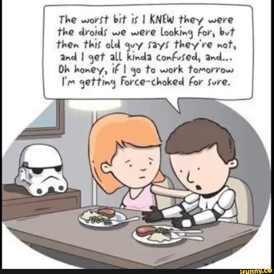 The worst bit is I KNEW they were
the droids we were
looking for, but
then this old quy says they're not,
and I get all kinda confused, and...
Oh honey, if I go to work tomorrow
I'm getting Force-choked for sure.