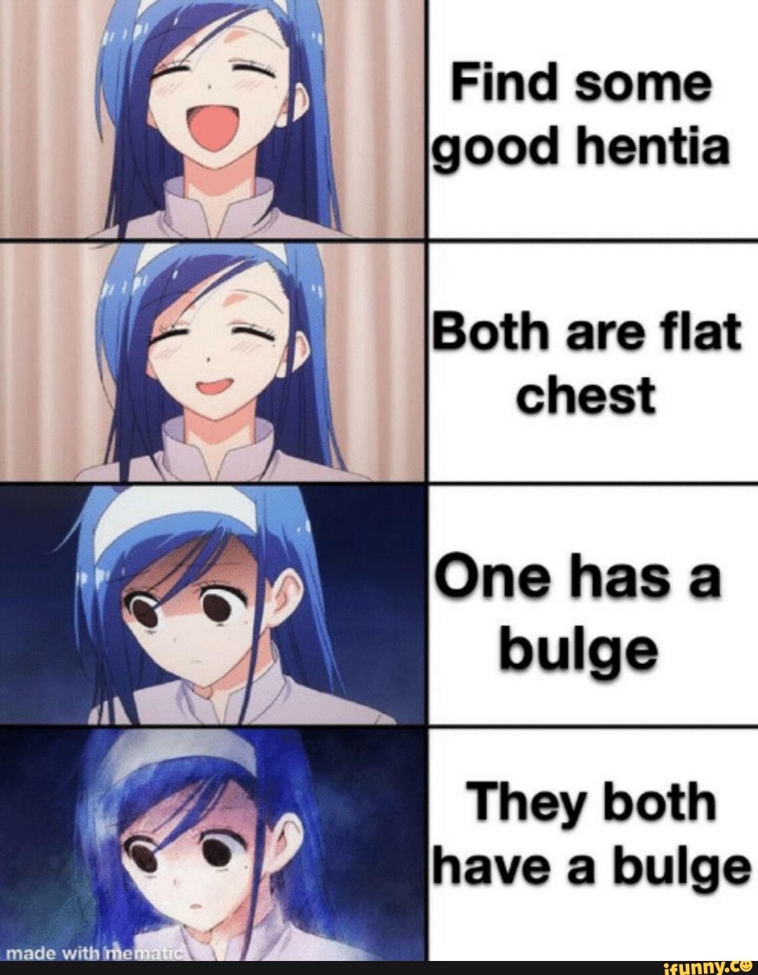 Find some good hentia Both are flat chest One has a bulge They both have a  bulge - iFunny