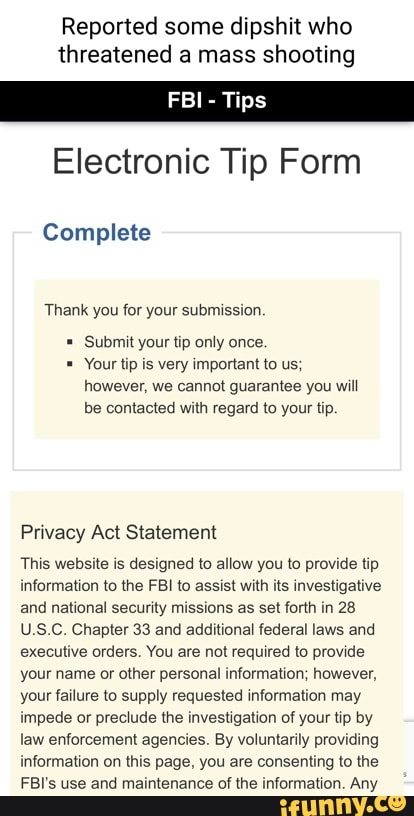 Reported Some Dipshit Who Threatened A Mass Shooting FBI - Tips ...