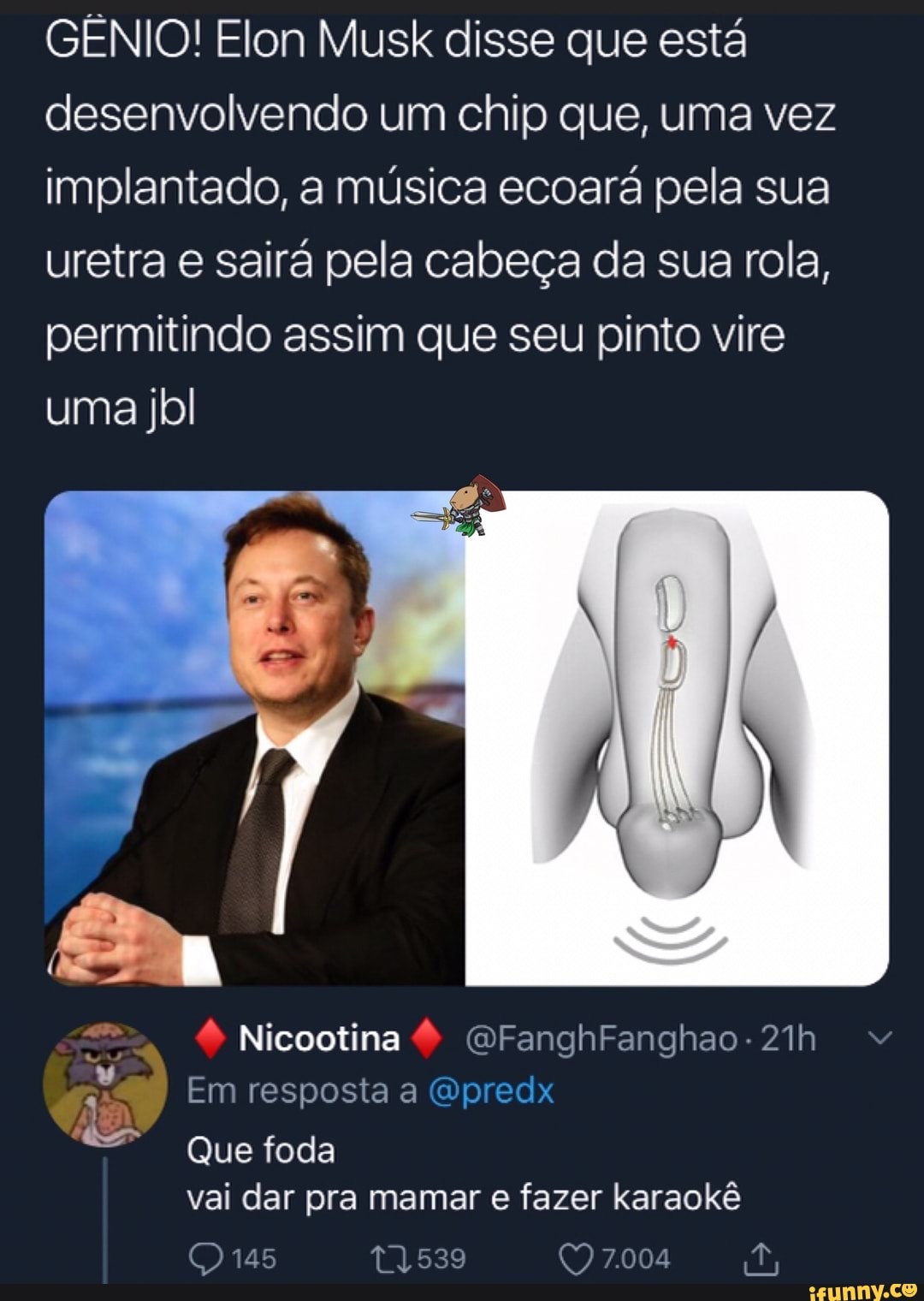 GÊNIO! Elon Musk disse que está
desenvolvendo um chip que, uma vez
implantado, a música ecoará pela sua
uretra e sairá pela cabeça da sua rola,
permitindo assim que seu pinto vire
uma jbl
