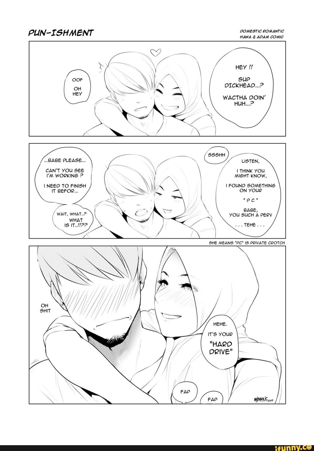 PUN-ISHMENT DOMESTIC ROMANTIC HAWA & ADAM COMIC Hey sue OICKHEAD...? WACTHA  OOIN' SSSHH USTEN, BABE