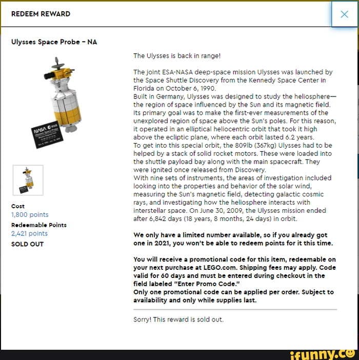 REDEEM REWARD Ulysses Space Probe NA Cost 1,800 points Redeemable Point