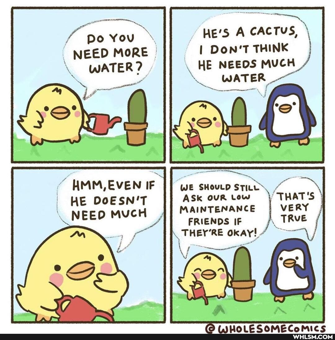 Po You
NEED MORE WATER?
EVEN IF
HE DOESN'T
NEED MUCH
> _Z
HE'S A CACTUS,
DON'T THINK cH HE NEEDS MUCH
WATER
WE SHOULD STILL
ASk WE OUR SHouLD Lew TRAT'S
MAINTENANCE I VERY FRIENDS IF
THEY'RE okay!
Pr PP _