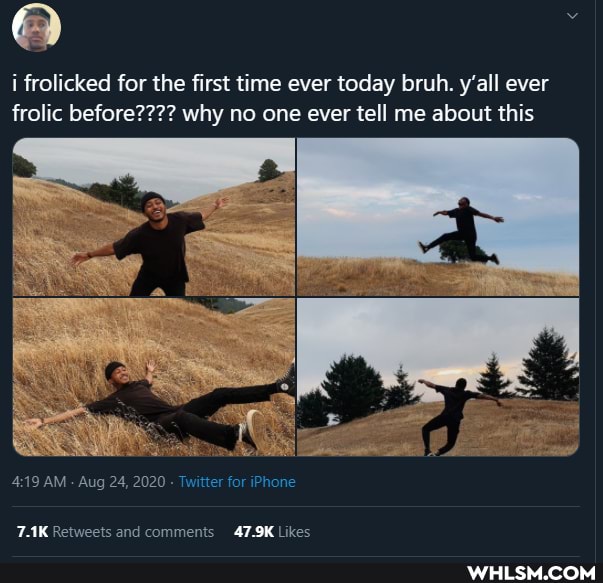 i frolicked for the first time ever today bruh. y'all ever frolic before???? why no one ever tell me about this
AM Aug 24, 2020 - Twitter for iPhone
am.