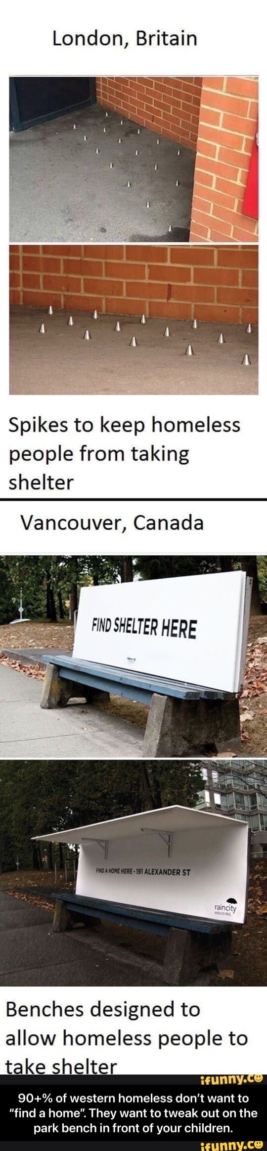 London, Britain Spikes to keep homeless people from taking shelter Vancouver, Canada SHELTER