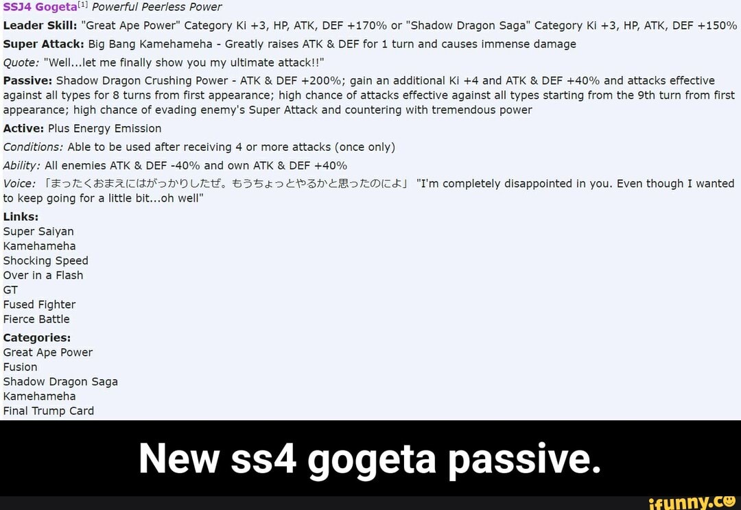 SSJ4 Gogeta') Powerful Peerless Power Leader Skill: Great Ape Power  Category Ki +3, HP, ATK