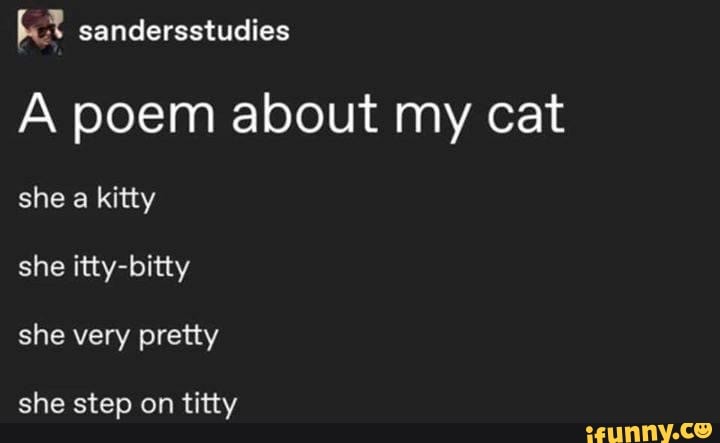 A poem about my cat she a kitty
she itty-bitty
she very pretty
she step on titty