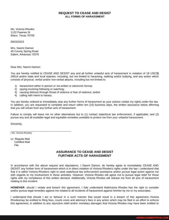 REQUEST TO CEASE AND DESIST 'ALL FORMS OF HARASSMENT Ms. Vietoria ...