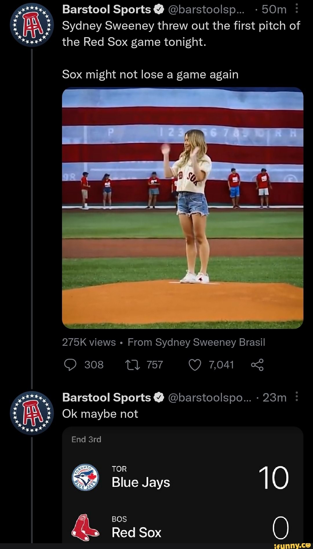 Barstool Sports barstoolsp... Sydney Sweeney threw out the first