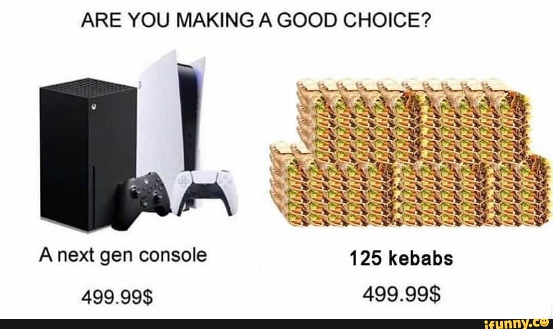 ARE YOU MAKING A GOOD CHOICE?
A next gen console 125 kebabs
499.99$ 499.99$