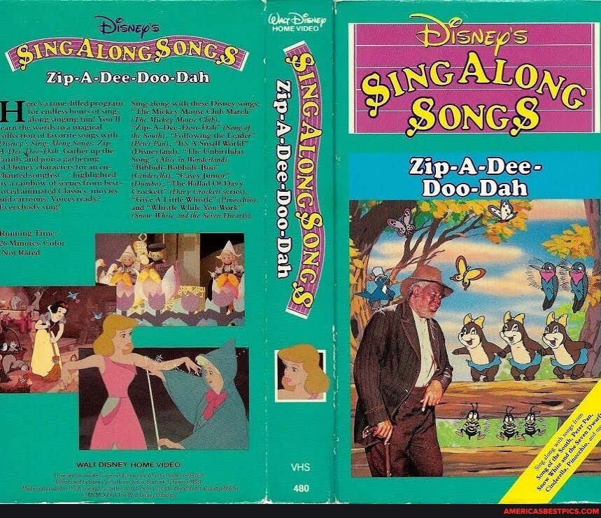 Singalong with these Dieuey songs:
"The Mickey Mowse Clab March'
GING SONG,
Zip-A-Dee-Doo-Dah
(The Miskey Chib)
=Dew-Dah? (Soe af
Ss (Beser Pant), Srmaill World"
Gather upthe (Disneyland), "The Unbicthday gate
ieainbow of scencs from hest
Classics, movies
cartoons, Voicesrends7 cishody sing
tunning Time
Minsites/ Color
Nof Rated
ESDNOG INOTY-ONS
be
WALT DISNEY HOME VIDEO