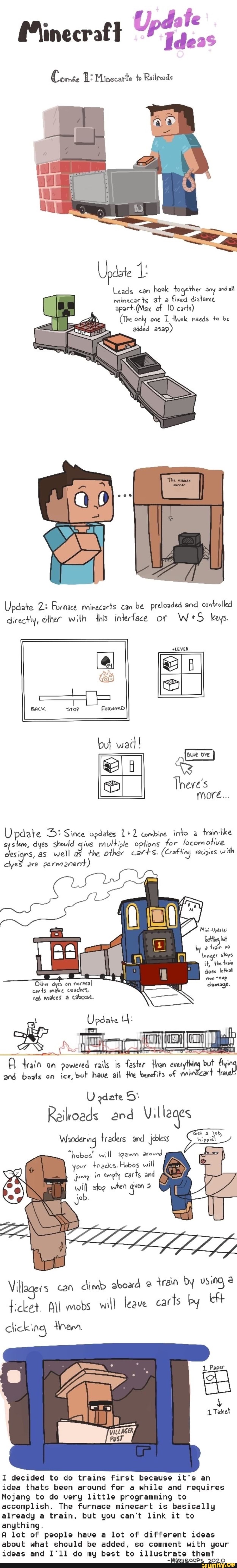Minecratt
Up
Come Minecaris to Railroads
Update
Leads can hook together any and all minecacts at a fixed dislane apact. (Max of carts)
(The oaly one dhink needs to be added asap)
Update Furnace minecarts can be preloaded and controlled directly, ether with this interface or WeS keys.
+LEVER
6 I
but wait!
ea) &
(More...
Update D* Since vadates 2 combine into teain-like system, dyes should give multiple options for locomotive
designs, as well as the other carts. (Crafting roupes with dye are permanent)
Mini
GeHing bit tran no longer slogs it, the traie does lefral non
damage-
Other dyes on narmal cards make coaches, ted makes a Caboose.
Update
drain on powered but rails have is all faster the than benefils everything but fing and boals on ice, but have all the benefits of wirecart
U adate
Railroads and Villages
Wandering traders and jobless
"hobos" will spawn draund your tracks. Hobos will jeme in carts and wilI stog when
Villagers can climb aboard train Dy using ticket. All mobs will leave carts by ft clicking nem.
41 Ticket
I decided to do trains first because it's an idea thats been around for a while and requires
Mojang to do very little programming to accomplish. The furnace minecart is basically already a train, but you can't link it to anything.
A lot of people have a lot of different ideas about what should be added, so comment with your
ideas and I'll do my best to illustrate them!
-MORNBOOPs 2070