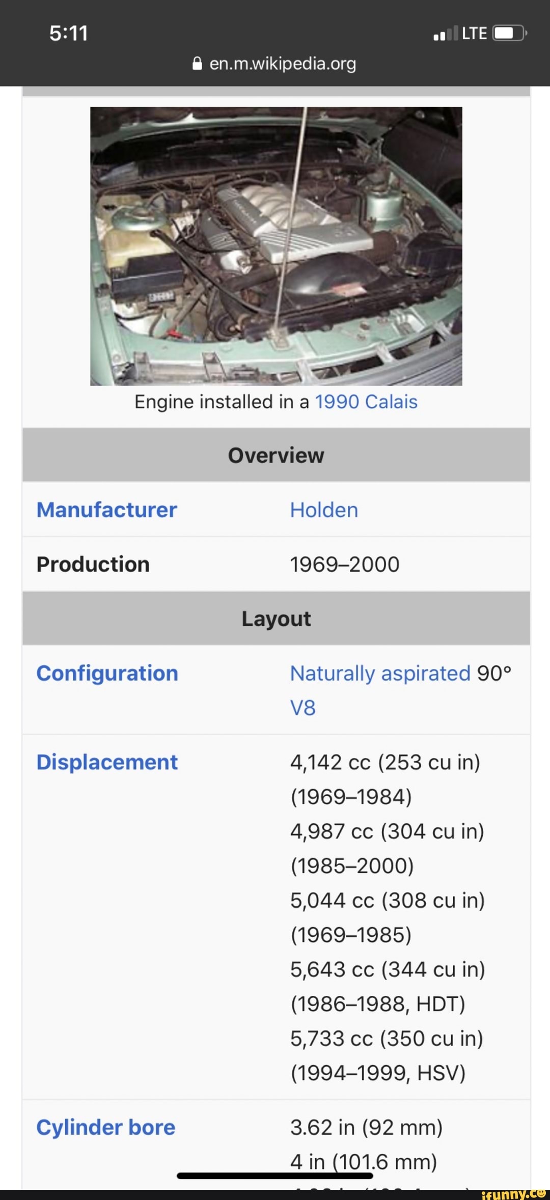 A en.mwikipedia.org
Engine installed in a 1990
me
Overview
Manufacturer Holden
Production 1969-2000
Layout
Configuration Naturally aspirated 90°
Displacement 4,142 cc (253 cu in)
(1969-1984)
(1985-2000)
(1969-1985)
