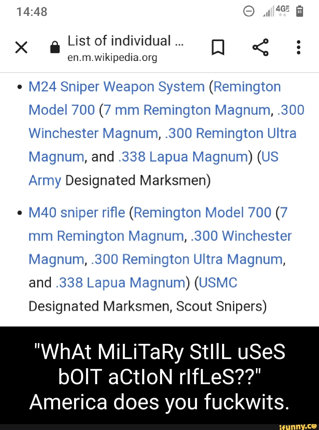 List of individual Sniper Weapon System (Remington Model 700 (7 mm ...