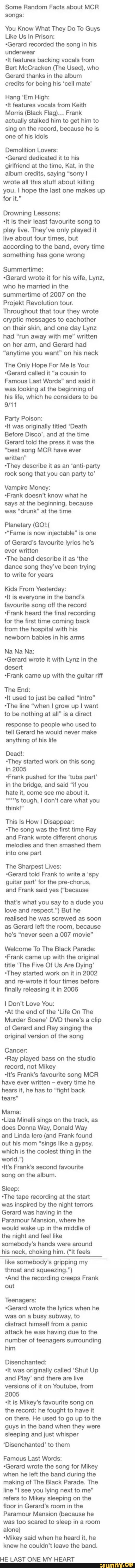 Some Random Facts About Mcr Songs You Know What They Do To Guys Like Us In