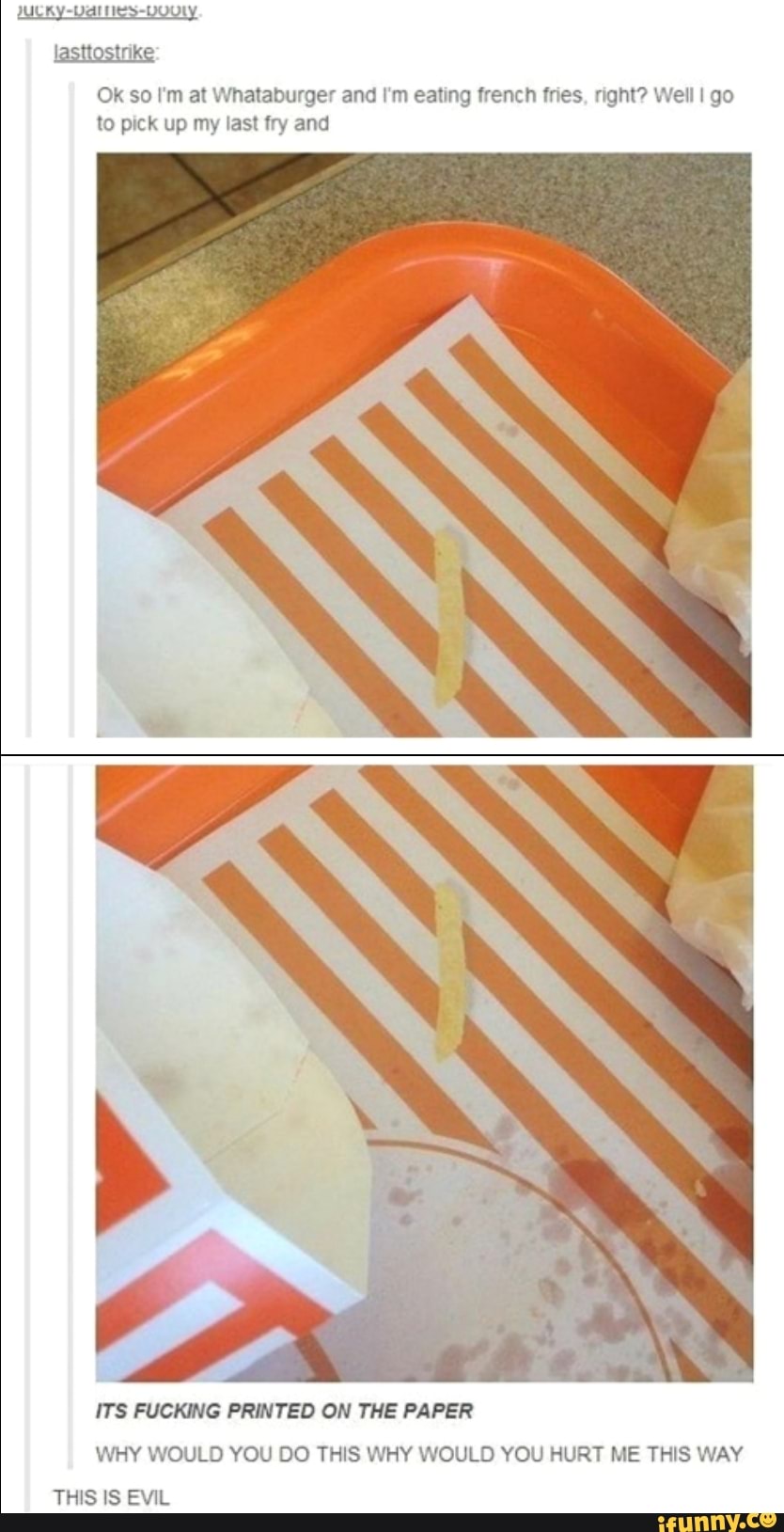Ok so I'm at Whataburger and I'm eating french fries, right? Well I go
to pick up my last fry and
ITS FUCKING PRINTED ON THE PAPER
WHY WOULD YOU DO THIS WHY WOULD YOU HURT ME THIS WAY
THIS IS EVIL