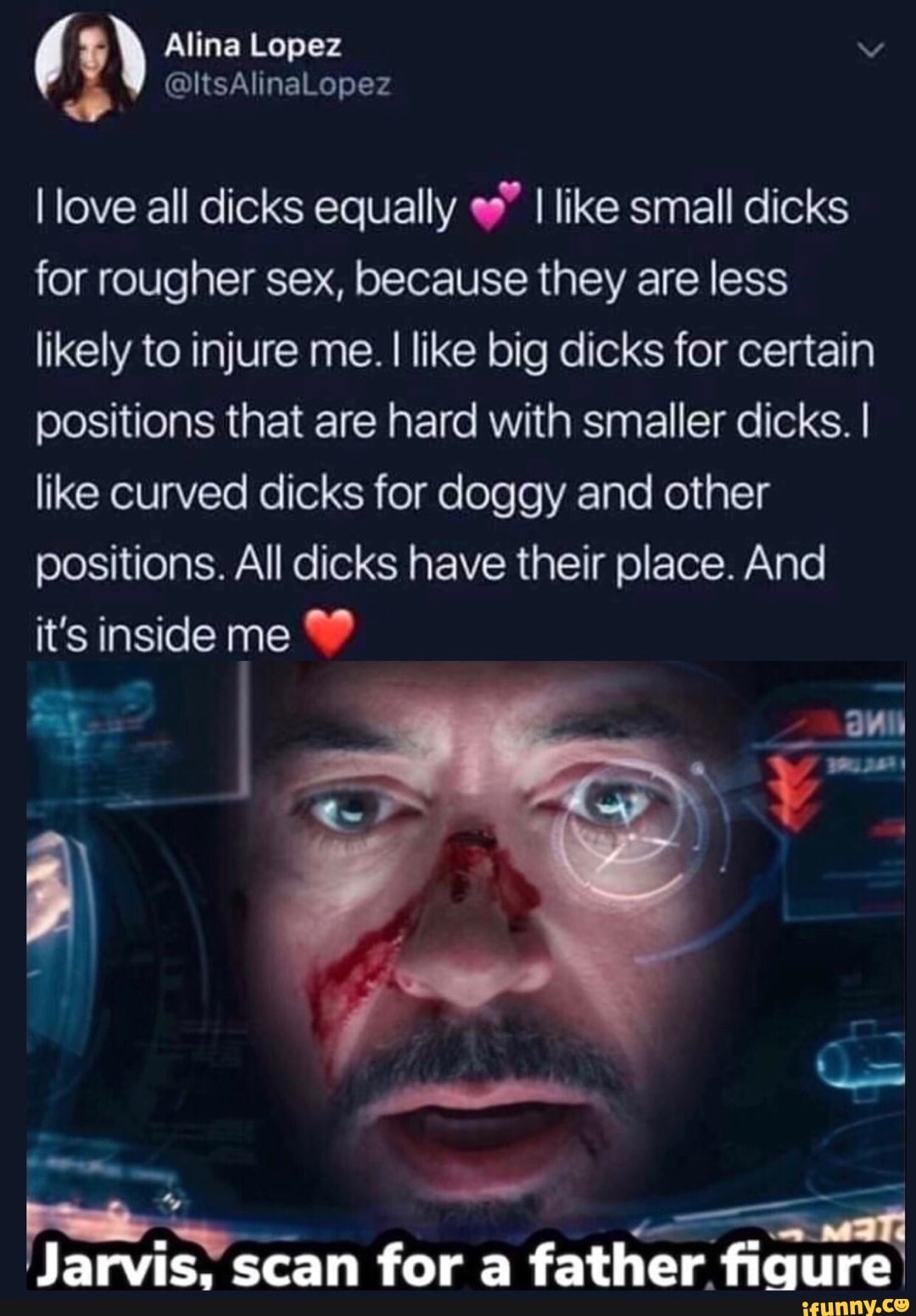 Alina Lopez @ltsAlinaLopez love all dicks equally I like small dicks for  rougher sex, because they