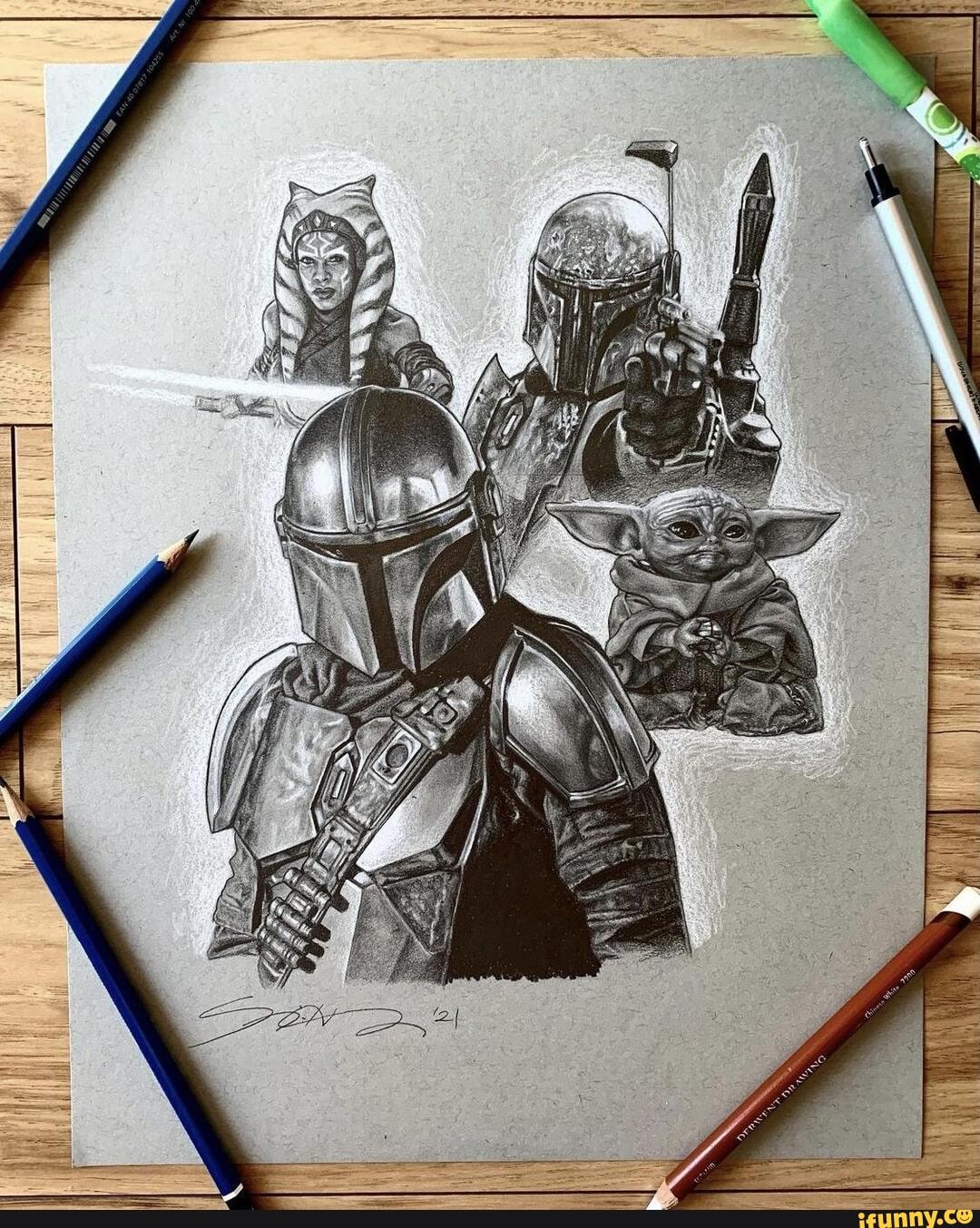 The Mandalorian, from season 2. Graphite and white colored pencil ...