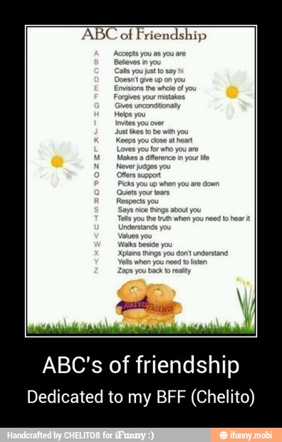 ABC of Friendship
ABC's of friendship
Dedicated to my BFF (Chelito) - ABC's of friendship
Dedicated to my BFF (Chelito)