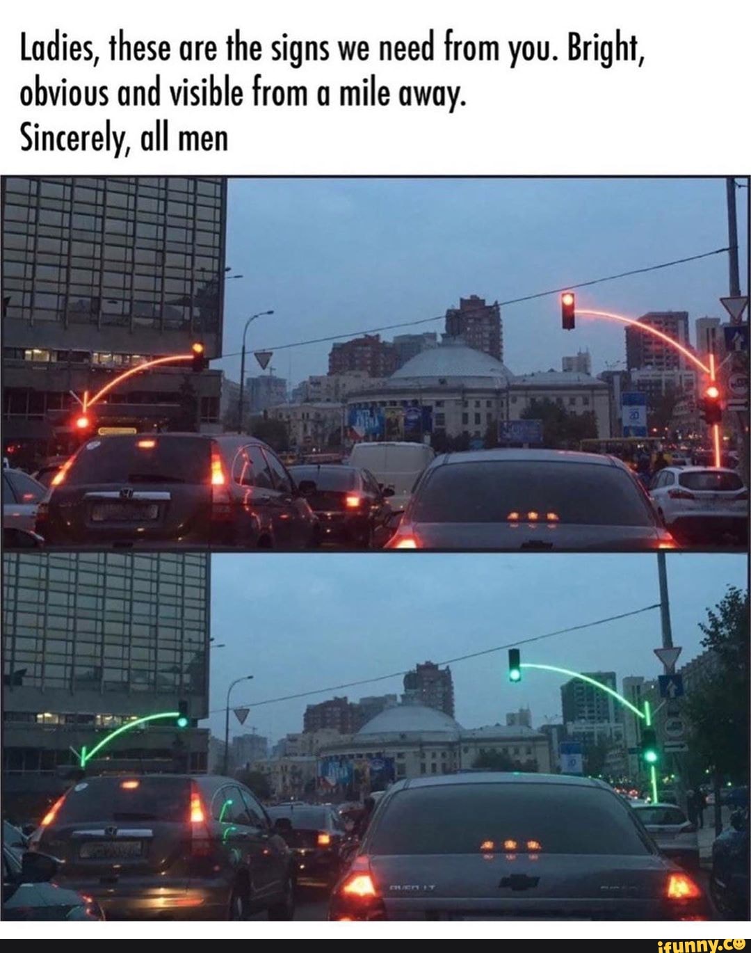 Ladies, these are
the signs we
need from you. Bright,
obvious and
visible from a
mile away.
Sincerely, all men