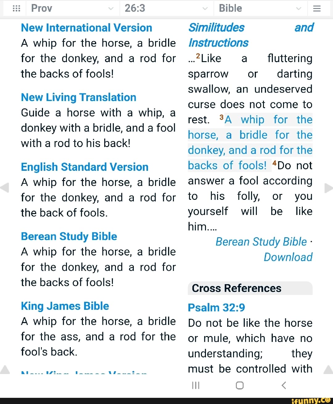 Prov New International Version A whip for the horse, a bridle for the donkey, and a rod for the