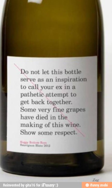 Do not
let this bottle
serve as
an
inspiration
to call your ex ina
pathetic attempt to
get back togethe
Some very
fine grapes
have died in the
making of this wine:
Show some respect.