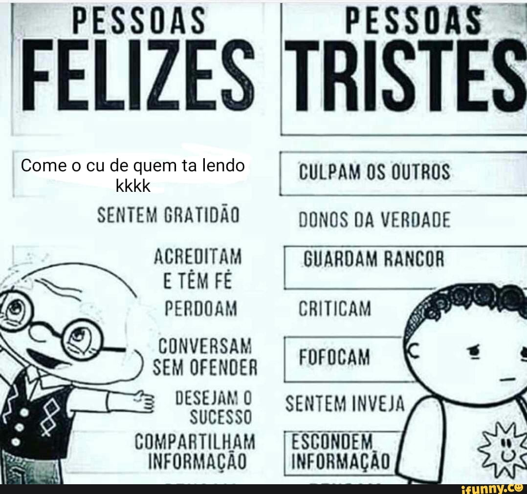 PESSOAS © FELIZES TRISTES
I CULPAM OS OUTROS Come o cu de quem ta lendo
as
DONOS DA VERDADE SENTEM GRATIDÃO
ACREDITAM GUARDAM RANCOR
E TÊM FÉ
a
PERDOAM CRITICAM t ©) CONVERSAM
SEM OFENDER
I
FOFOCAM
DESEJAM O
S
SUCESSO
SENTEM INVEJA
ATA
I
COMPARTILHAM
INFORMAÇÃO