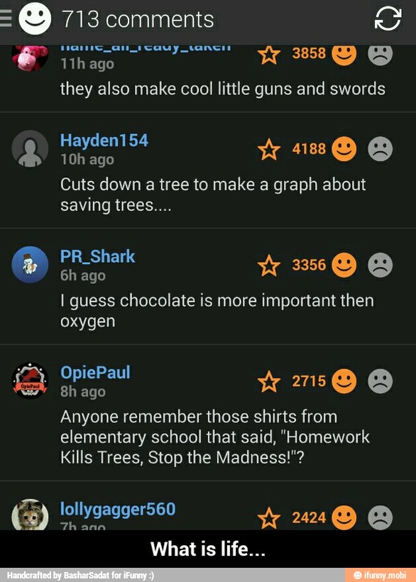 they also make cool little guns and swords
faites
Cuts down a tree to make a graph about
sie
I guess chocolate is more important then
oxygen
stash
Anyone remember those shirts from
elementary school that said, "Homework
Kills Trees, Stop the Madness!"? - What is life...