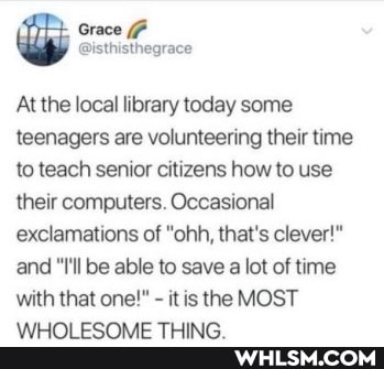 At the local library today some teenagers are volunteering their time to teach senior citizens how to use their computers. Occasional exclamations of "ohh, that's clever!" and "I'll be able to save a lot of time with that one! is the MOST