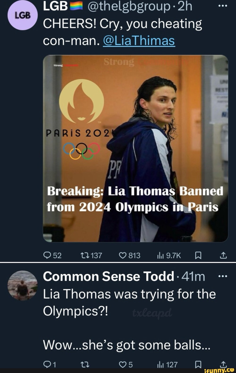 LGB CHEERS! Cry, you cheating con-man. @LiaThimas PARIS Breaking: Lia Thomas  Banned from 2024 Olympics