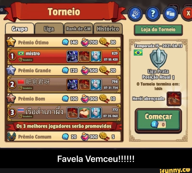 Torneio
Grupo
Prêmio Ótimo
mistro
Prêmio Grande
Loja do
[Ligal
1d6h
Começar
Om
Os 3 melhores jogadores serão promovidos
Prêmio Comum - Favela Vemceu!!!!!!