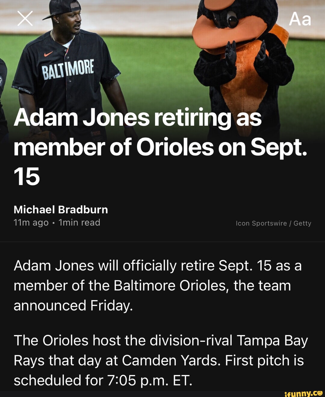 Adam Jones officially retires as a Baltimore Oriole