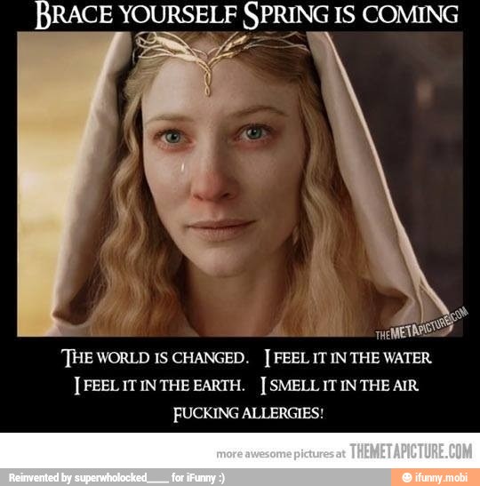 BRACE YOURSELF SPRING IS COMING
THE
WORLD IS CHANGED.
Ia
FEEL IT IN THE WATER FEEL IT INTHE EARTH. [SMELL ITINTHE AIR
FUCKING ALLERGIES!