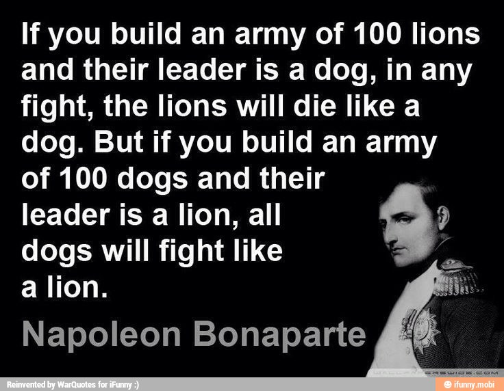 If you build an army of 100 lions
and their leader is a dog, in any
fight, the lions will die like a
dog. But if you build an army
of 100 dogs and their
leader is a lion, all
dogs will fight like a
a lion. ain
Napoleon Bonaparte