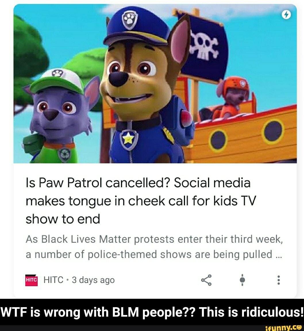 Is Paw Patrol cancelled? Social media
makes tongue in cheek call for kids TV
show to end
As Black Lives Matter protests enter their third week,
a number of police-themed shows are being pulled 3 days ago
WTF is wrong with BLM people?? This is ridiculous! - WTF is wrong with BLM people?? This is ridiculous!