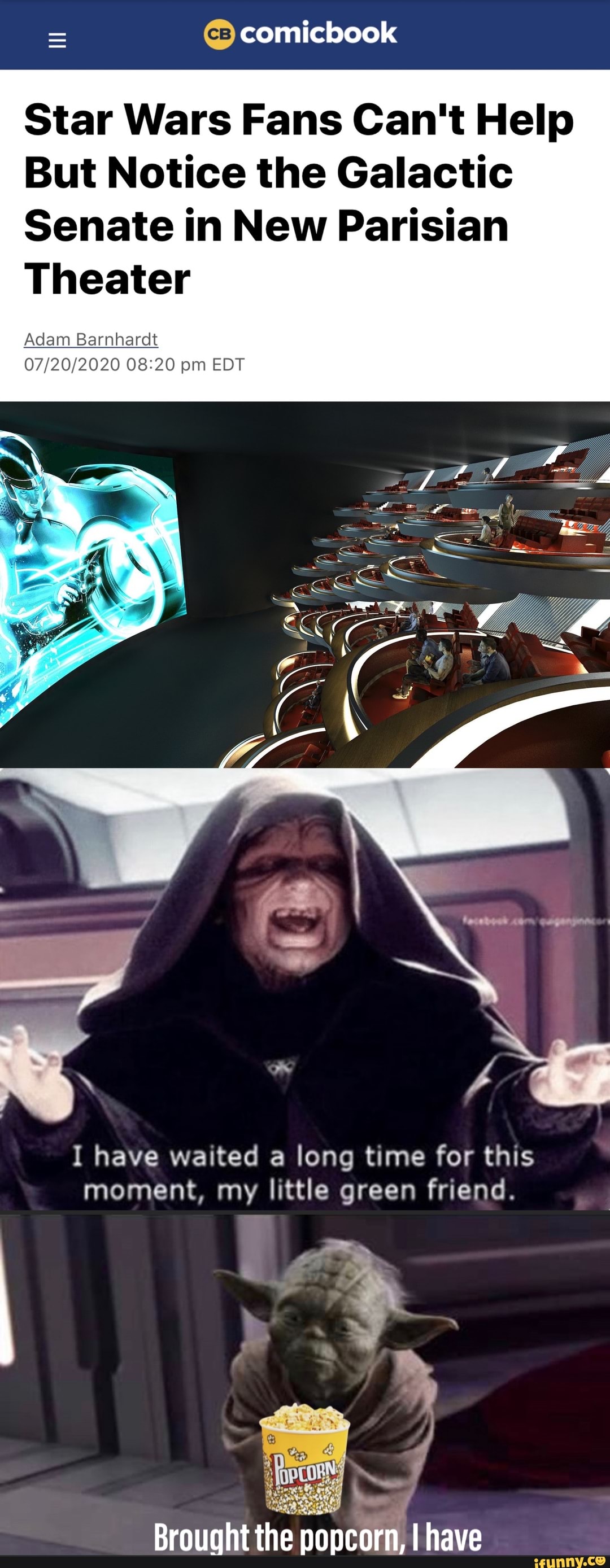 Star Wars Fans Can't Help
But Notice the Galactic
Senate in New Parisian
Theater
Adam Barnhardt
07/20/2020 08:20 pm EDT
I have waited a long time for this
moment, my little green friend.