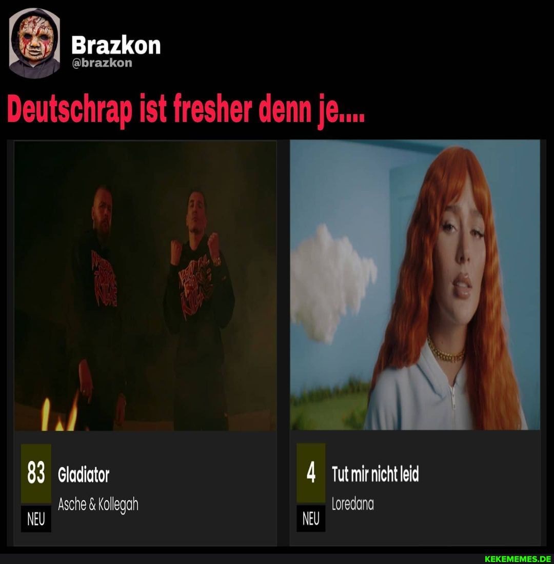 Brazkon
@brazkon
Deutschrap ist fresher denn je....
83 Gladiator Tutmirnichtleid
Asche & Kollegah Loredana
NEU NEU