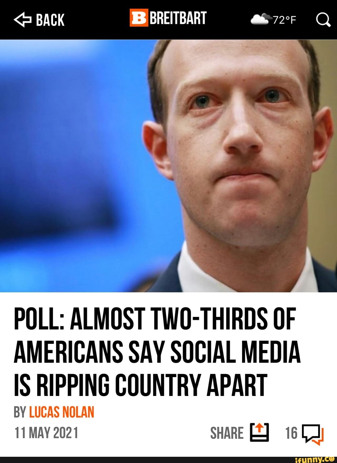 BACK
POLL: ALMOST TWO-THIRDS OF AMERICANS SAY SOCIAL MEDIA
IS RIPPING COUNTRY APART
BY LUCAS NOLAN
11 MAY 2021 SHARE 16