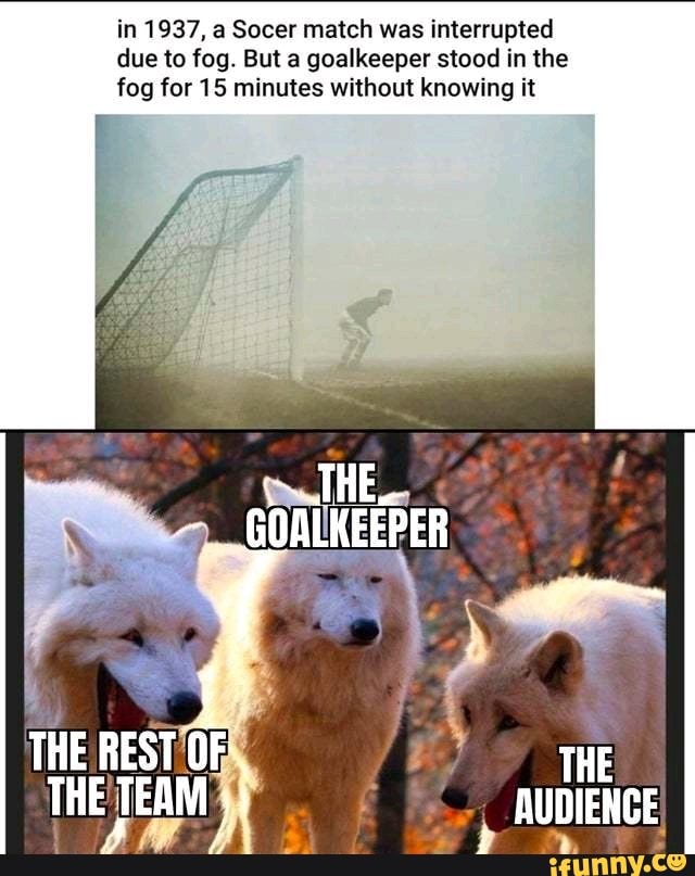 in 1937, a Socer match was interrupted due to fog. But a goalkeeper stood in the fog for 15 minutes without knowing it
THE.
GOALKEEPER
THE REST OF THE THE TEAM AUDIENCE