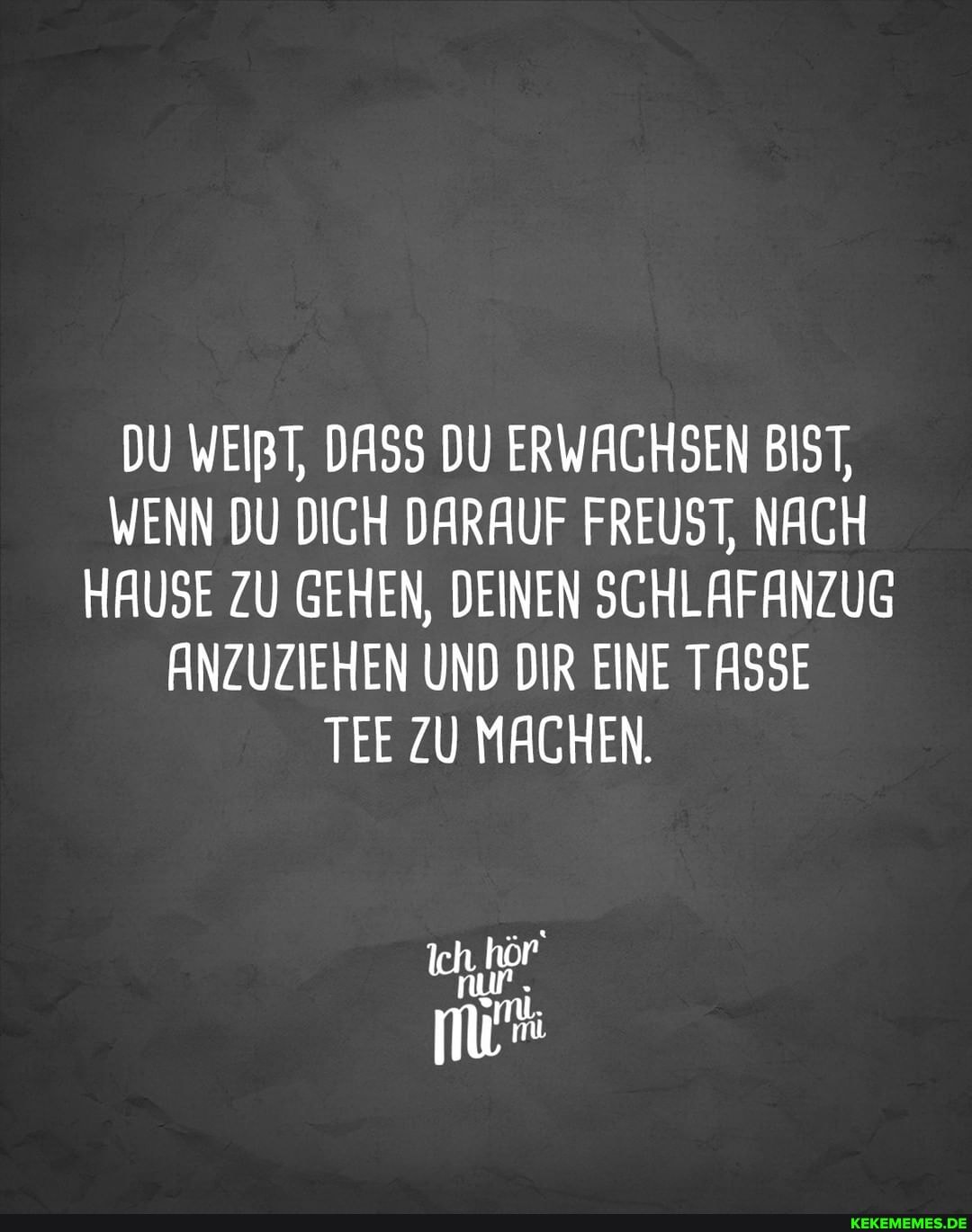 DU WEIBT, DASS DU ERWACHSEN BIST,
WENN DU DICH DARAUF FREUST, NACH HAUSE ZU GEHEN, DEINEN SCHLAFANZUG ANZUZIEHEN UND DIR EINE TASSE TEE ZU MACHEN.